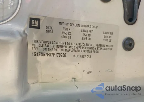 2007 Chevrolet Malibu Ls z USA, uszkodzony, nr VIN 1G1ZS57F87F170938